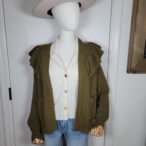 Madewell 100% Cotton Green Knit Ruffle Fisherman Cardigan Size XS